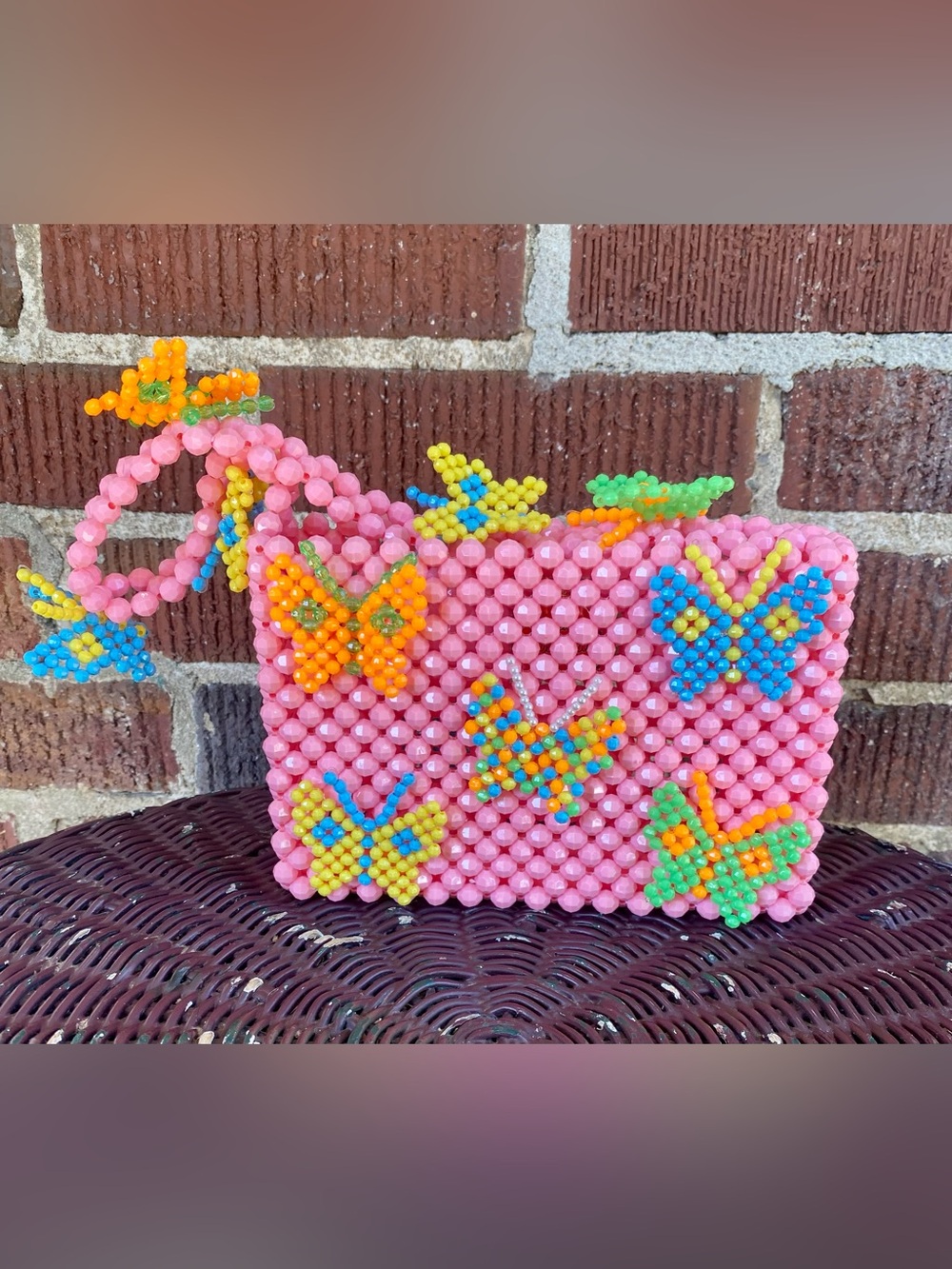 Susan Alexandra Pink Beaded Mini Bag with Multicolor Butterflies